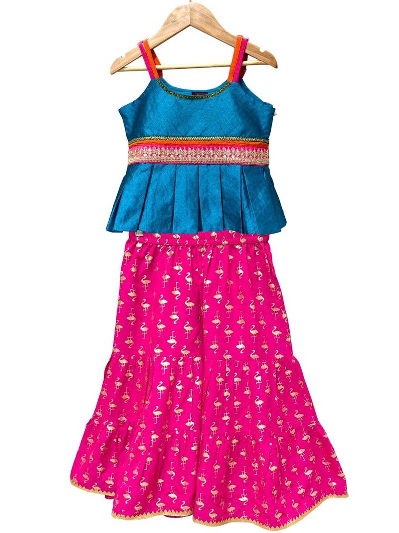 Blue & pink  embellished polyester top with sharara ethnic wear