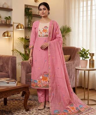 Muga cotton jamdani salwar suit dress material with pichwai weaving on top and dupatta with bottom 1