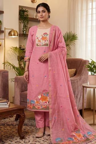 Muga cotton jamdani salwar suit dress material with pichwai weaving on top and dupatta with bottom