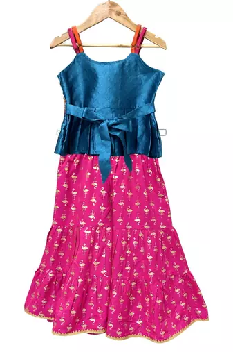 Blue & pink  embellished polyester top with sharara ethnic wear