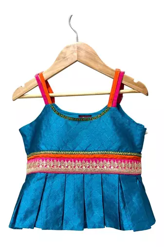 Blue & pink  embellished polyester top with sharara ethnic wear