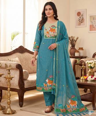 Muga cotton jamdani salwar suit dress material with pichwai weaving on top and dupatta with bottom 1