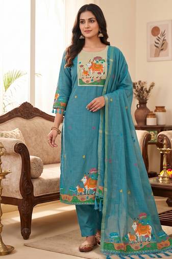 Muga cotton jamdani salwar suit dress material with pichwai weaving on top and dupatta with bottom