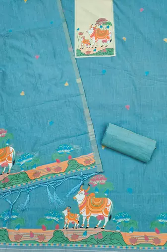 Muga cotton jamdani salwar suit dress material with pichwai weaving on top and dupatta with bottom