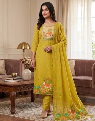 Muga cotton jamdani salwar suit dress material with pichwai weaving on top and dupatta with bottom 1