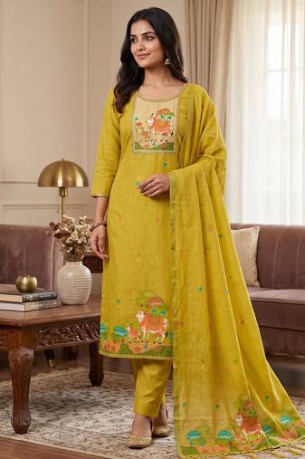 Muga cotton jamdani salwar suit dress material with pichwai weaving on top and dupatta with bottom