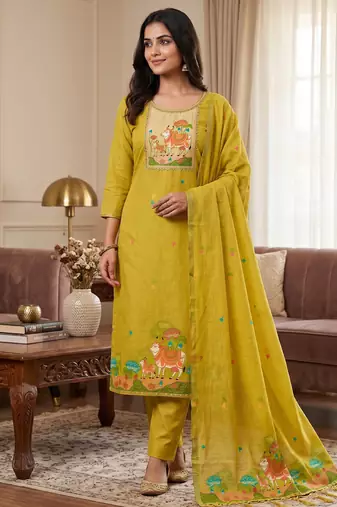 Muga cotton jamdani salwar suit dress material with pichwai weaving on top and dupatta with bottom