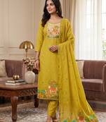 Muga cotton jamdani salwar suit dress material with pichwai weaving on top and dupatta with bottom