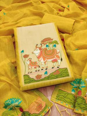 Muga cotton jamdani salwar suit dress material with pichwai weaving on top and dupatta with bottom 2