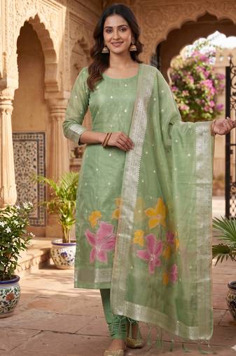 Shimmer banarasi zari weaving dress material top and dupatta with bottom