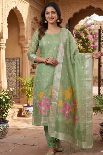 Shimmer banarasi zari weaving dress material top and dupatta with bottom