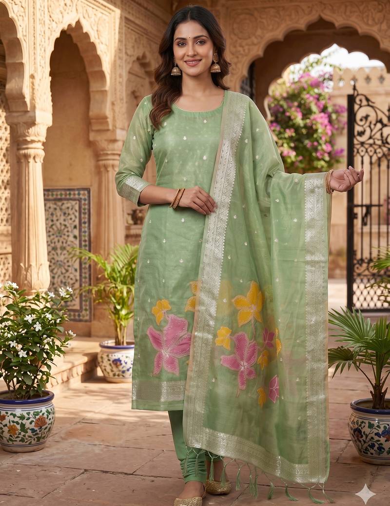 Shimmer banarasi zari weaving dress material top and dupatta with bottom