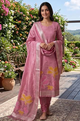 Shimmer banarasi zari weaving dress material top and dupatta with bottom