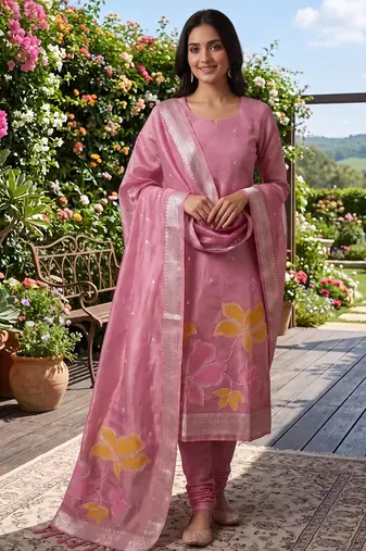 Shimmer banarasi zari weaving dress material top and dupatta with bottom