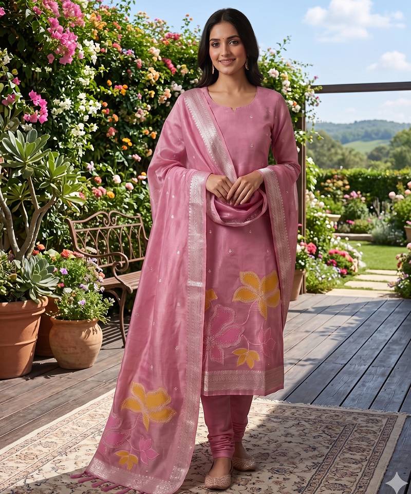 Shimmer banarasi zari weaving dress material top and dupatta with bottom
