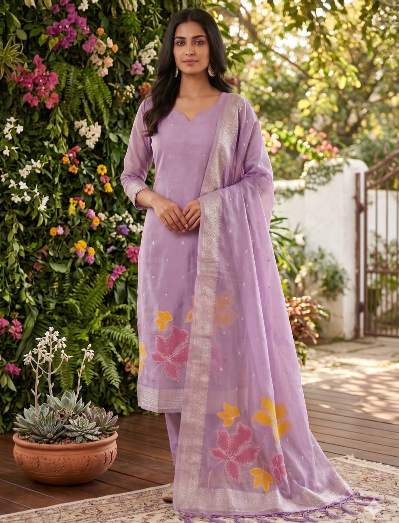 Shimmer banarasi zari weaving dress material top and dupatta with bottom