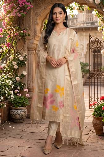 Shimmer banarasi zari weaving dress material top and dupatta with bottom