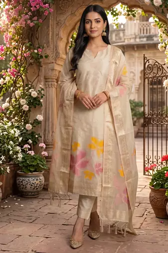 Shimmer banarasi zari weaving dress material top and dupatta with bottom