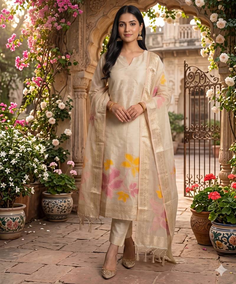 Shimmer banarasi zari weaving dress material top and dupatta with bottom