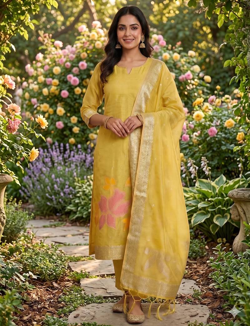 Shimmer banarasi zari weaving dress material top and dupatta with bottom