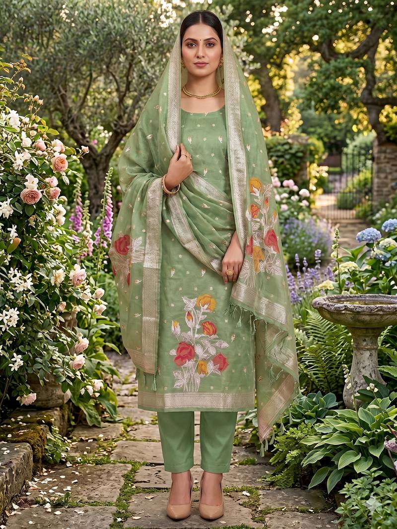 Shimmer banarasi zari weaving dress material top and dupatta with bottom