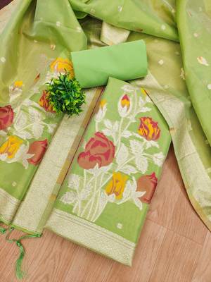 Shimmer banarasi zari weaving dress material top and dupatta with bottom 2