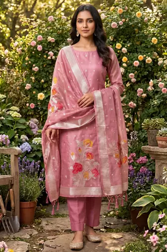 Shimmer banarasi zari weaving dress material top and dupatta with bottom