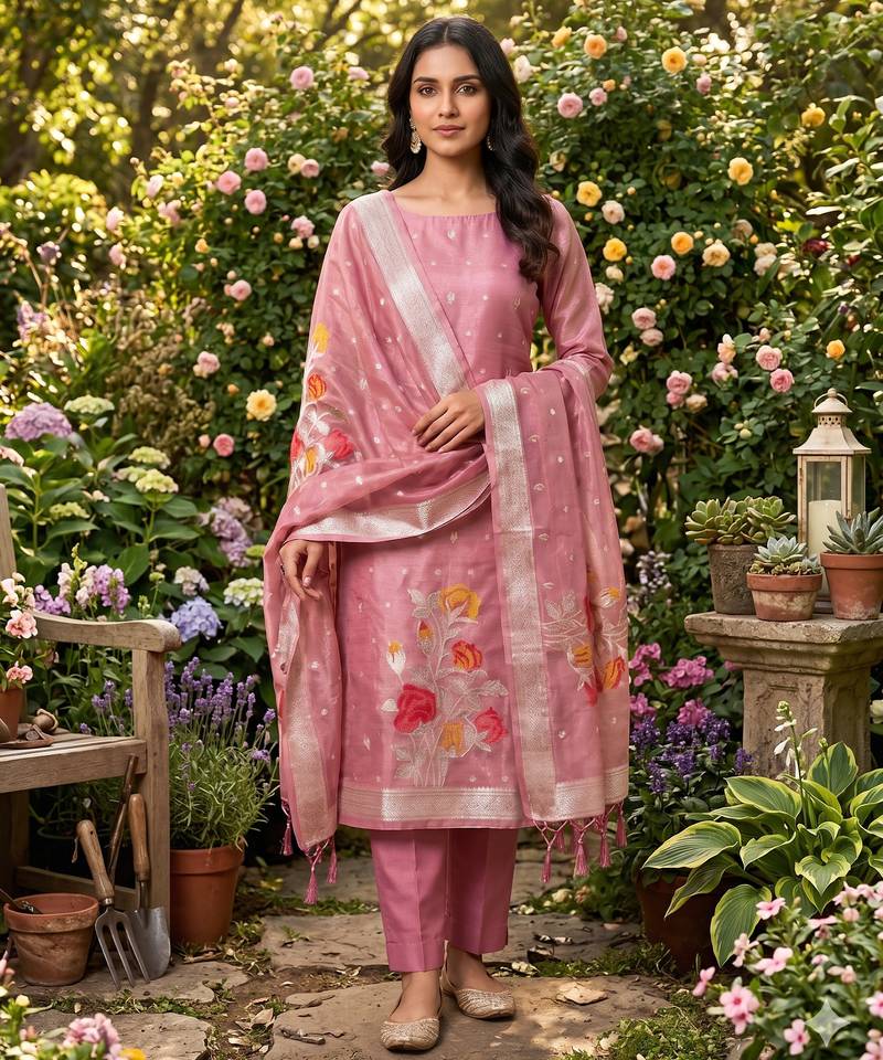 Shimmer banarasi zari weaving dress material top and dupatta with bottom