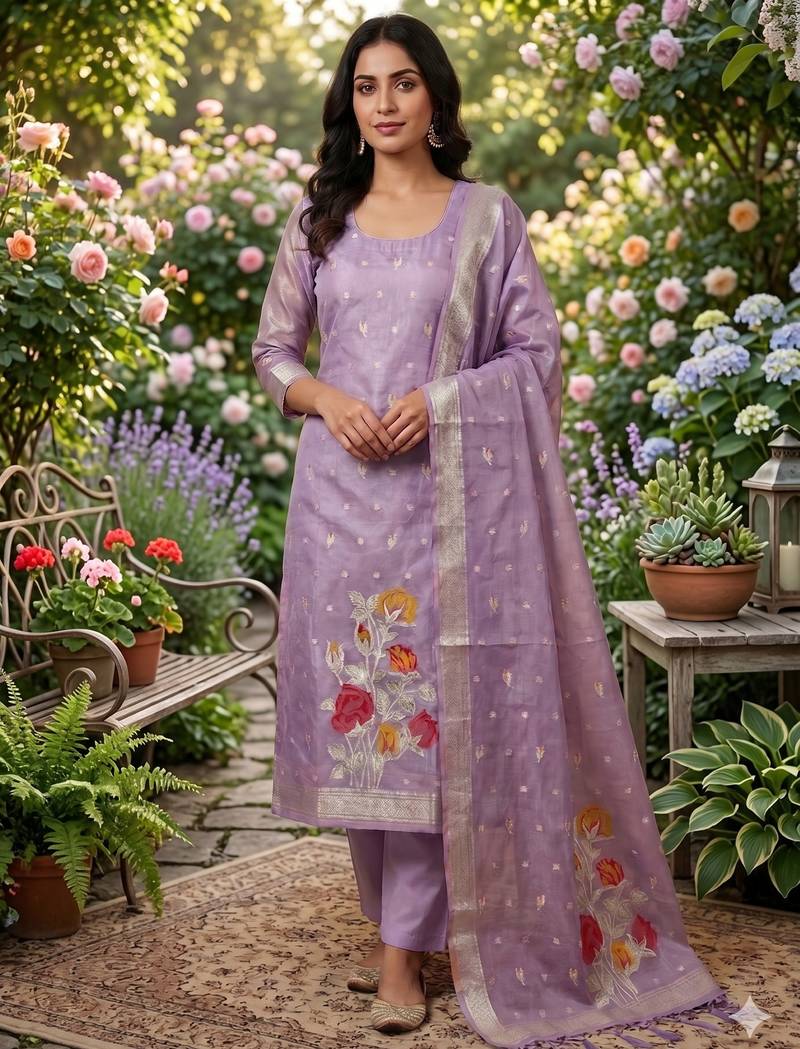 Shimmer banarasi zari weaving dress material top and dupatta with bottom