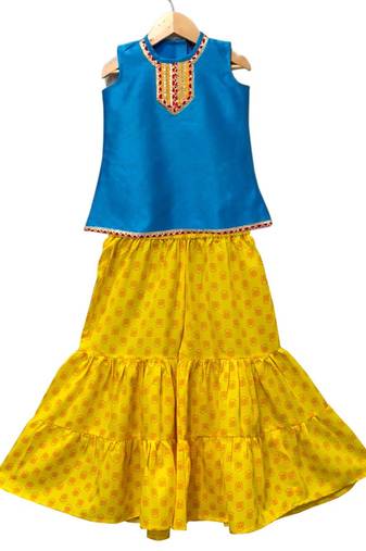 Blue & yellow embellished polyester top with sharara ethnic wear