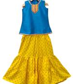 Blue & yellow embellished polyester top with sharara ethnic wear