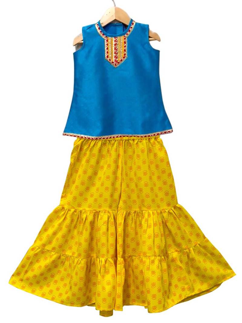 Blue & yellow embellished polyester top with sharara ethnic wear