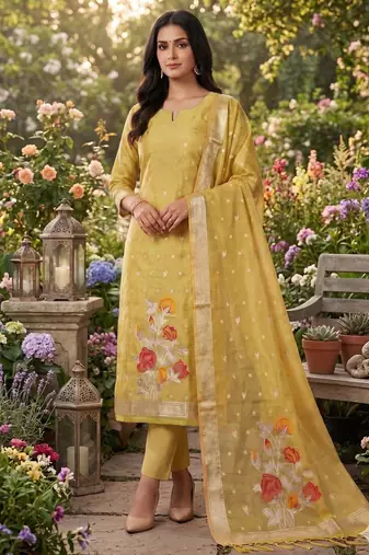 Shimmer banarasi zari weaving dress material top and dupatta with bottom