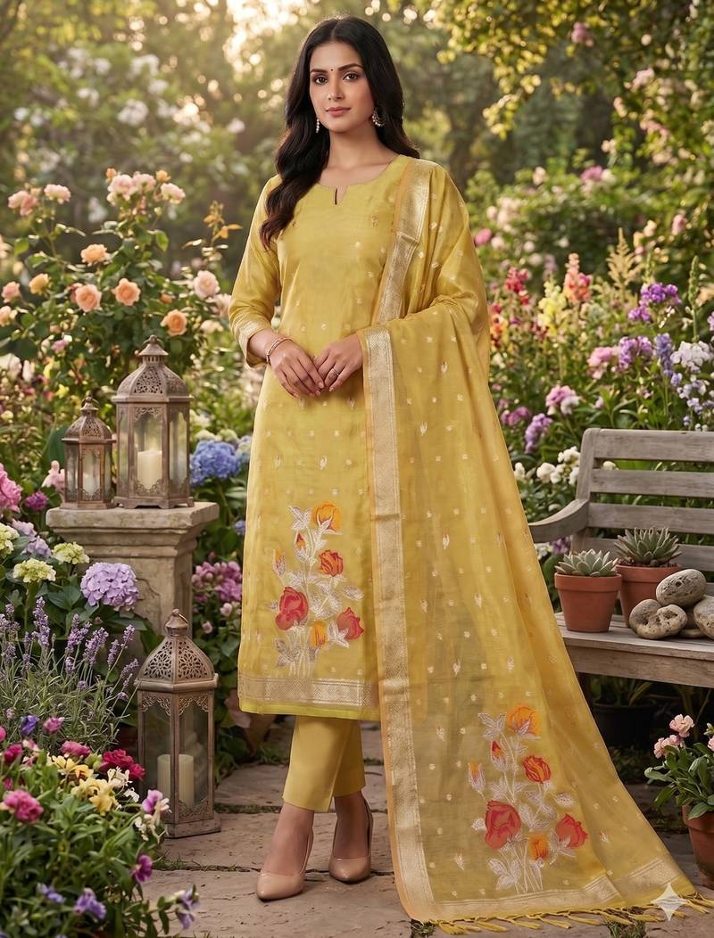 Shimmer banarasi zari weaving dress material top and dupatta with bottom