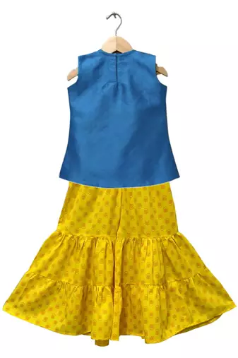 Blue & yellow embellished polyester top with sharara ethnic wear