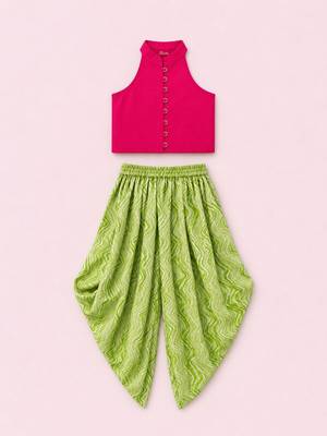 Pink & limegreen solid chanderi top with dhoti ethnic wear 1