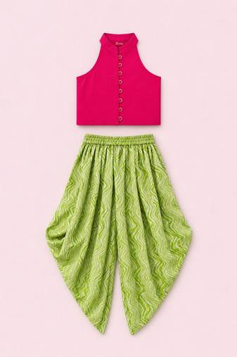 Pink & limegreen solid chanderi top with dhoti ethnic wear