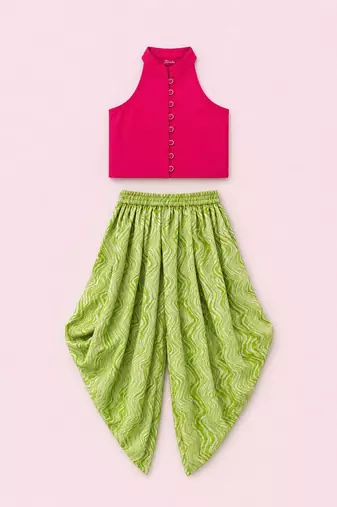 Pink & limegreen solid chanderi top with dhoti ethnic wear