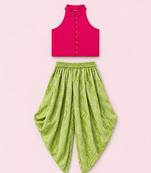 Pink & limegreen solid chanderi top with dhoti ethnic wear