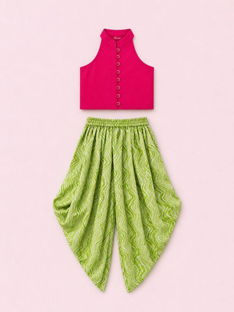 Pink & limegreen solid chanderi top with dhoti ethnic wear
