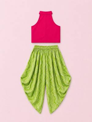 Pink & limegreen solid chanderi top with dhoti ethnic wear 2