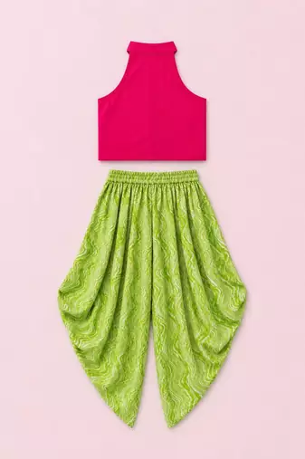 Pink & limegreen solid chanderi top with dhoti ethnic wear