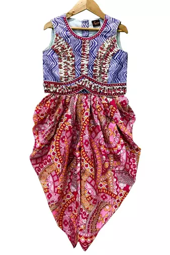 Lavender & pink printed cotton top with dhoti ethnic wear