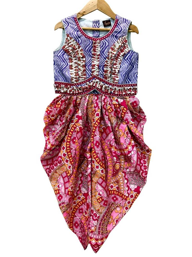 Lavender & pink printed cotton top with dhoti ethnic wear