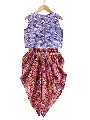 Lavender & pink printed cotton top with dhoti ethnic wear 2