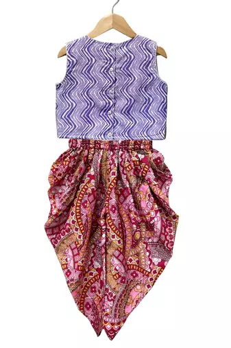 Lavender & pink printed cotton top with dhoti ethnic wear