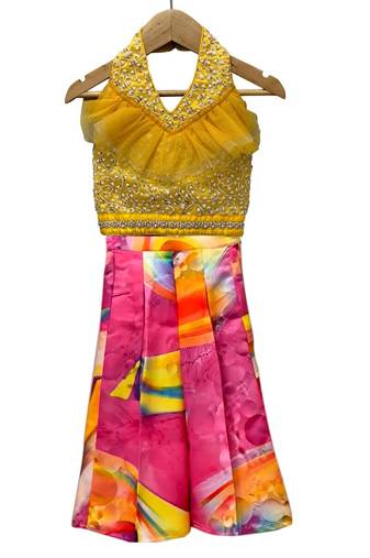 Yellow & multicolour all over embroidered polyester top with palazzo ethnic wear