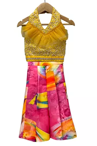 Yellow & multicolour all over embroidered polyester top with palazzo ethnic wear