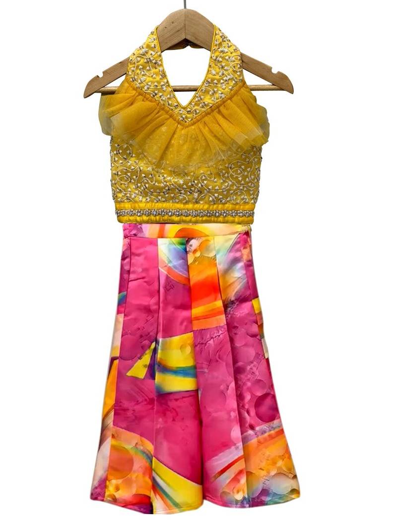Yellow & multicolour all over embroidered polyester top with palazzo ethnic wear