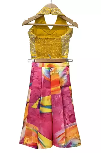 Yellow & multicolour all over embroidered polyester top with palazzo ethnic wear